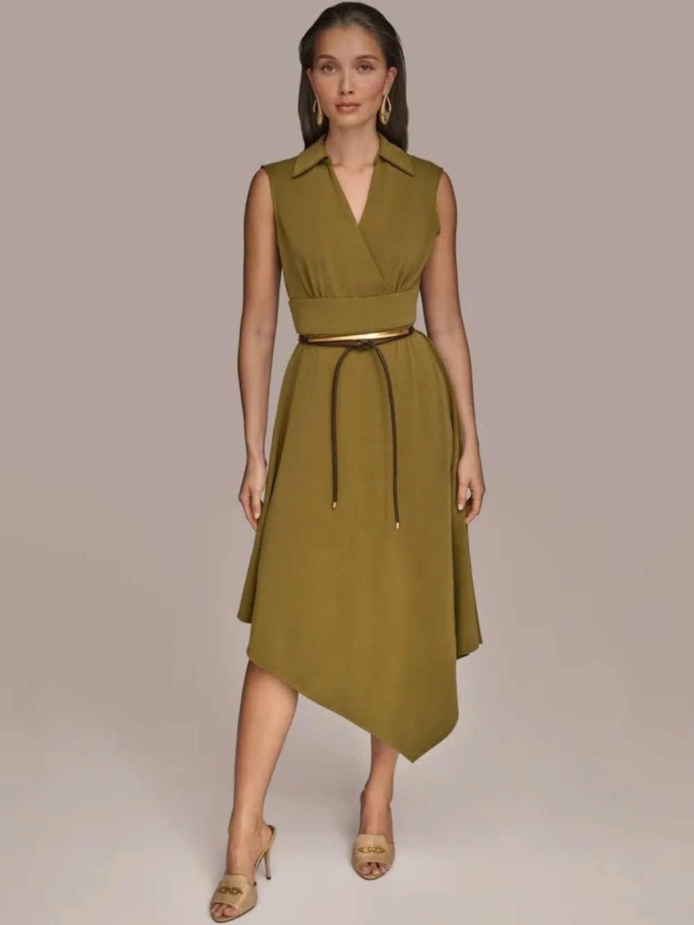 Donna Karan Smokey Olive Sleeveless Asymmetrical Wrap Dress
